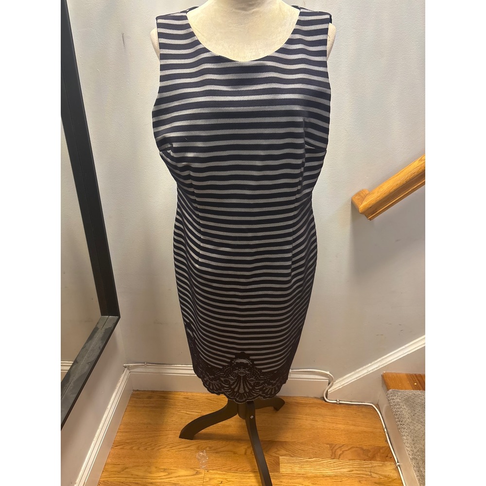 Albert Nipon Striped Sheath Dress &Jacket Set Womens Navy Silver Lace sz pit 20